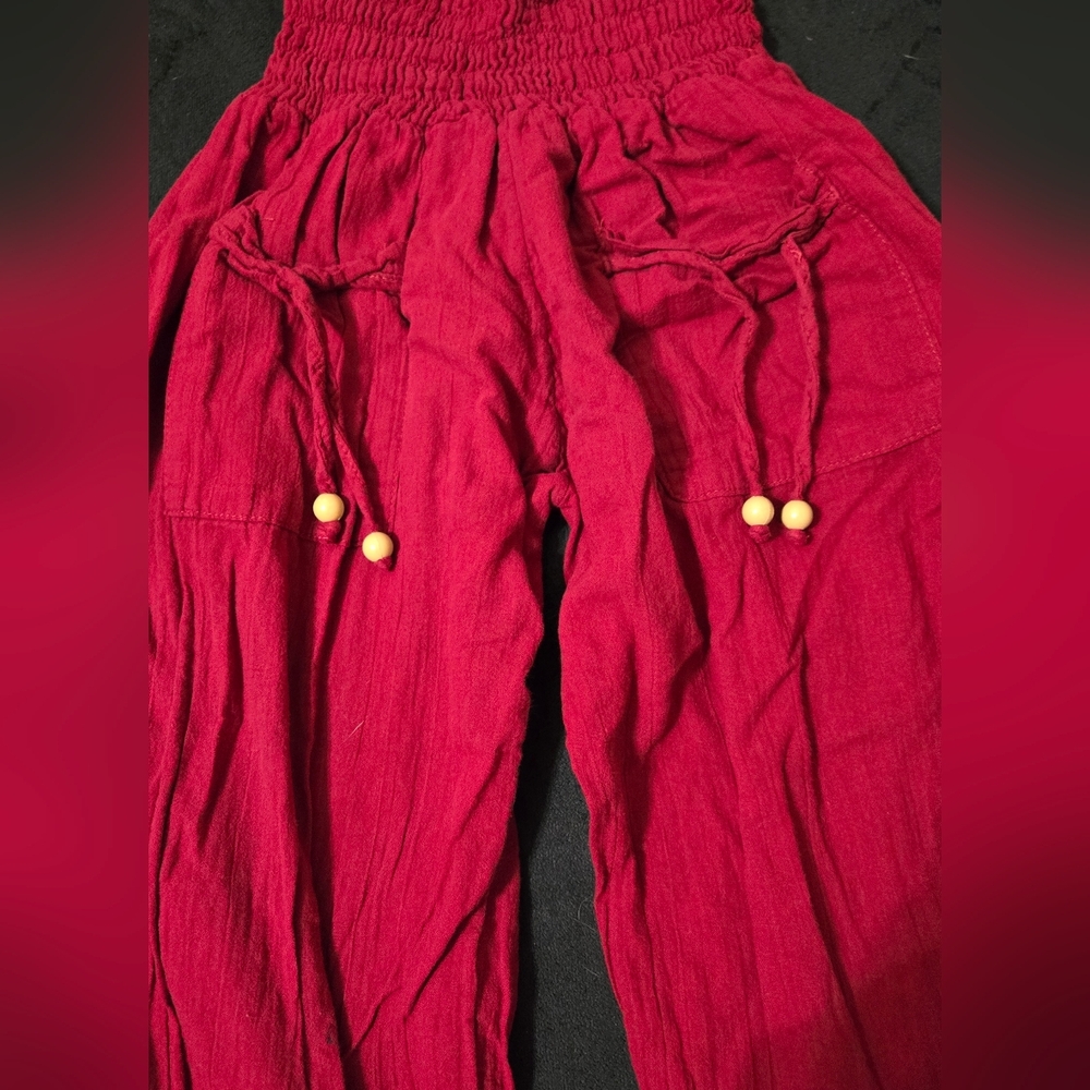 Elegant Red Smocked Waist Drawstring Ankle Pants - Picture 3 of 8